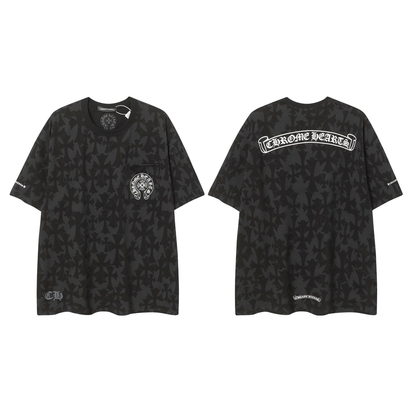 2025 New CHRM Heart Cross Sanskrit Patch Print Embroidery Loose Short Sleeve for Men and Women