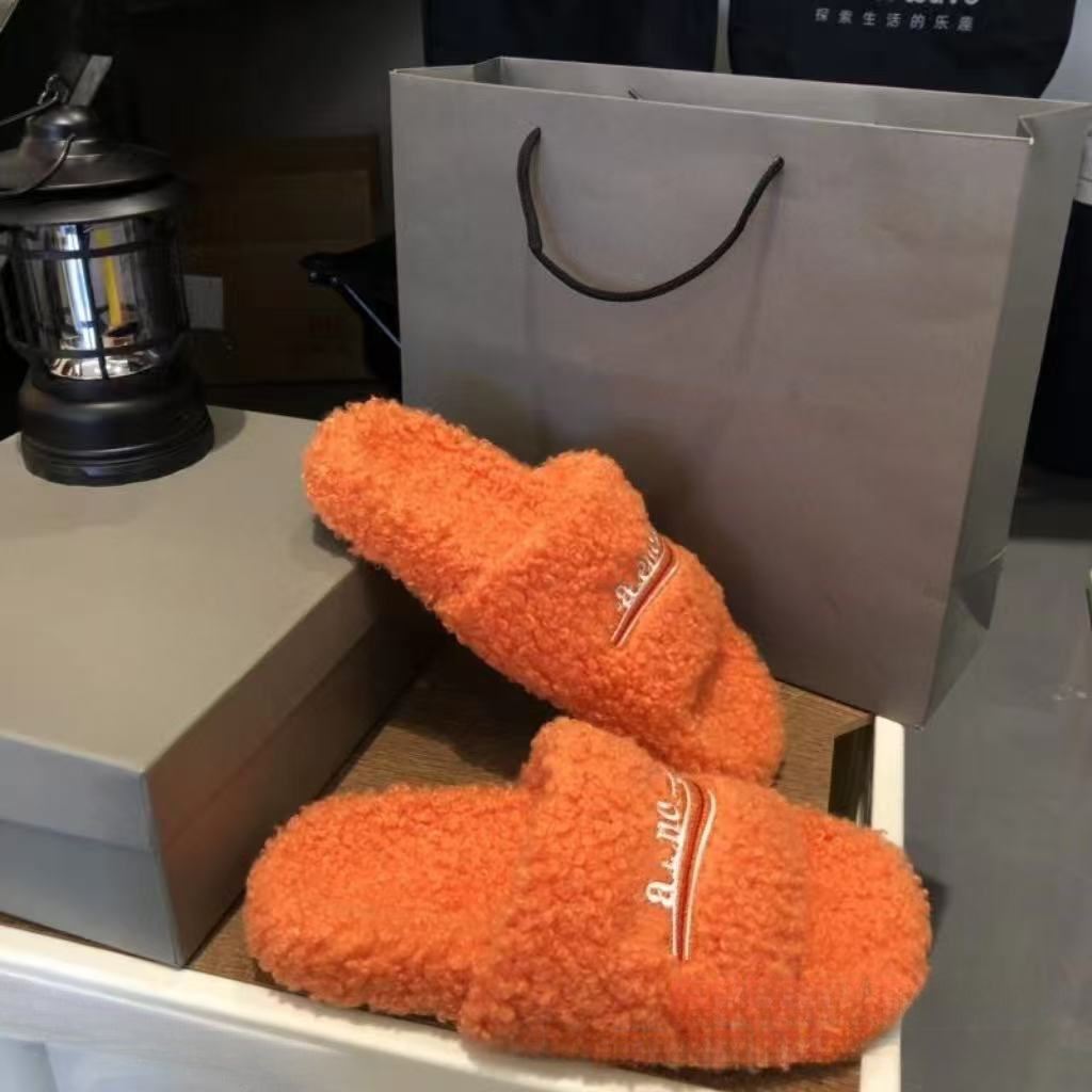 Women's furry slippers with lamb wool, thick sole, and letter embroidery for outdoor autumn winter wear