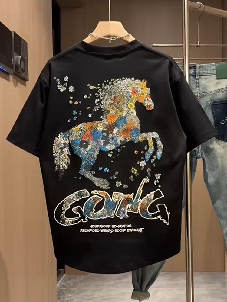 Summer New Foam Print Embroidered Round Neck Short Sleeve Men's Trendy Fashion Loose Versatile Cool Casual Half Sleeve
