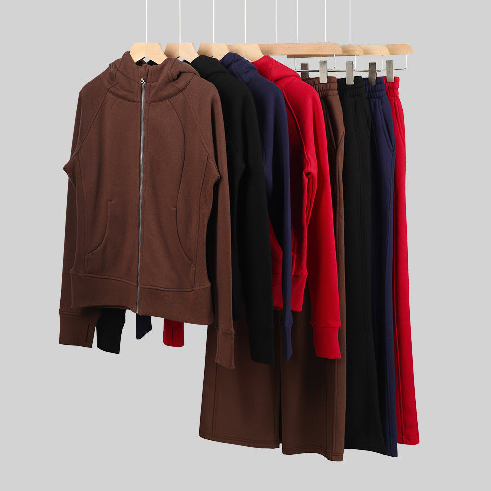 LULU Embroidered Hooded Zipper Cardigan Slim Fit Sweatshirt Set Fleece Lined Full Zipper Cardigan Jacket Gold Label