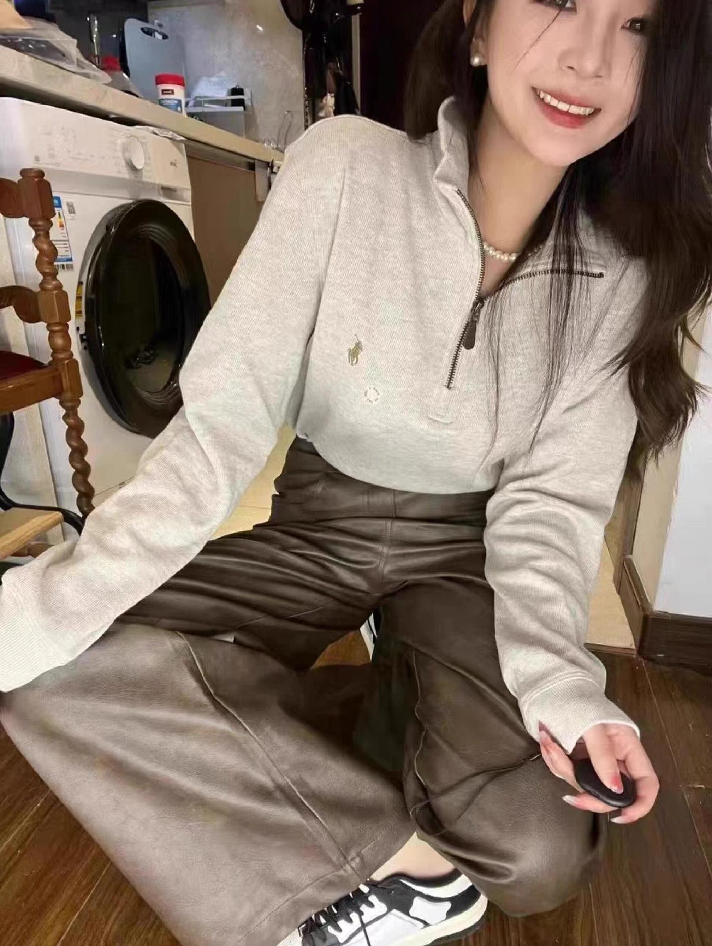 RL Ralph Pony Label Retro Couple Sweatshirt Women Long Sleeve Sweatshirt Men Polo Half Zipper Turn-down Collar Loose American Style