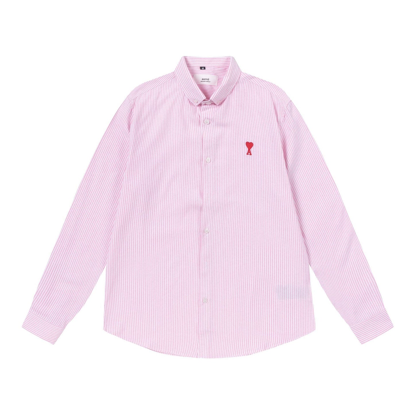 Trendy Brand Am* Small Heart Embroidered Shirt Casual Loose Fit Unisex Couple Style Amy Cotton Long Sleeve Top