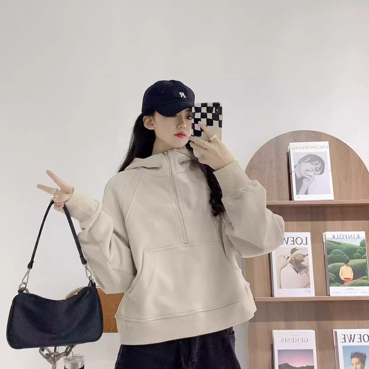 Lulu Same Style Winter Half-Zip Loose Hooded Sweatshirt for Women, Autumn and Winter Fleece-Lined Slim Fit Hoodie Jacket