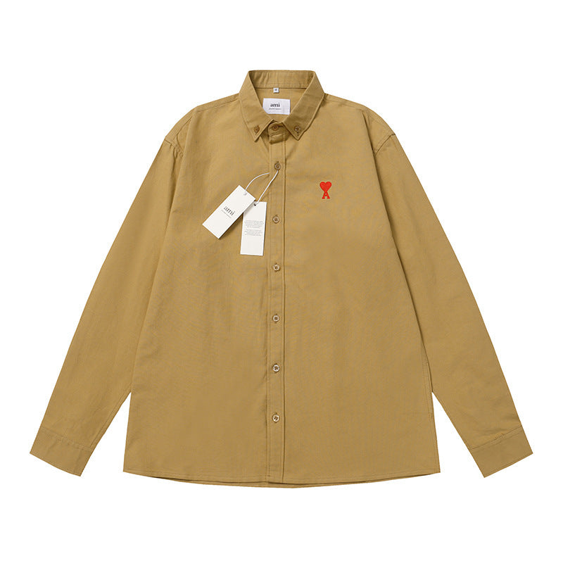Trendy Brand Am* Small Heart Embroidered Shirt Casual Loose Fit Unisex Couple Style Amy Cotton Long Sleeve Top