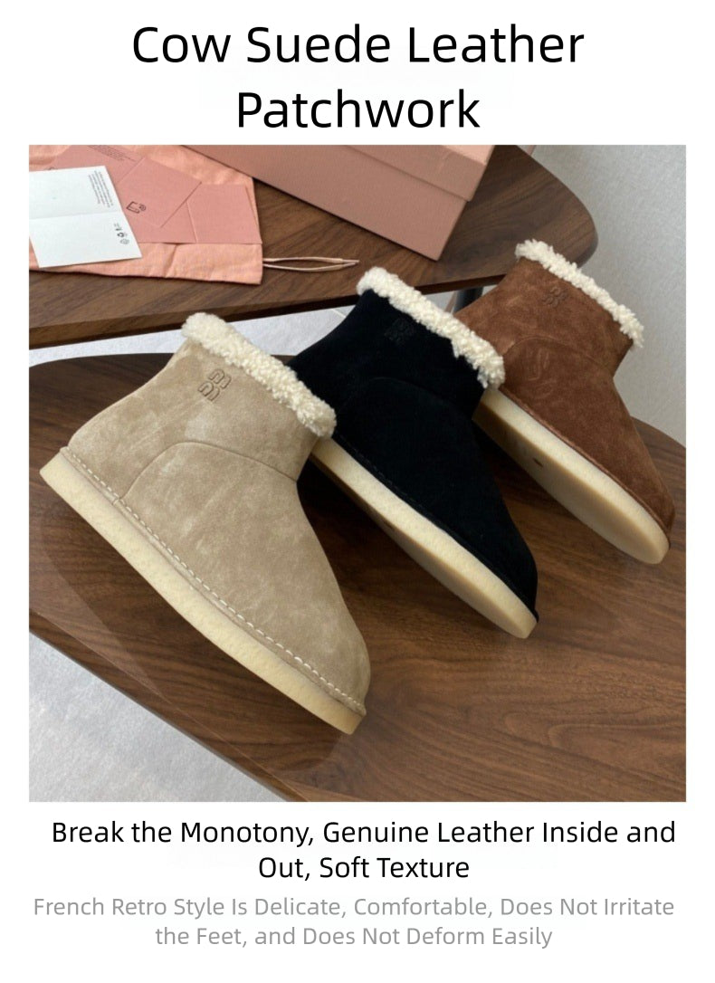 French Style Sheepskin Thick-Soled Snow Boots Round Toe Cow Suede Patchwork Warm Short Boots Versatile Flat Short Cotton Boots
