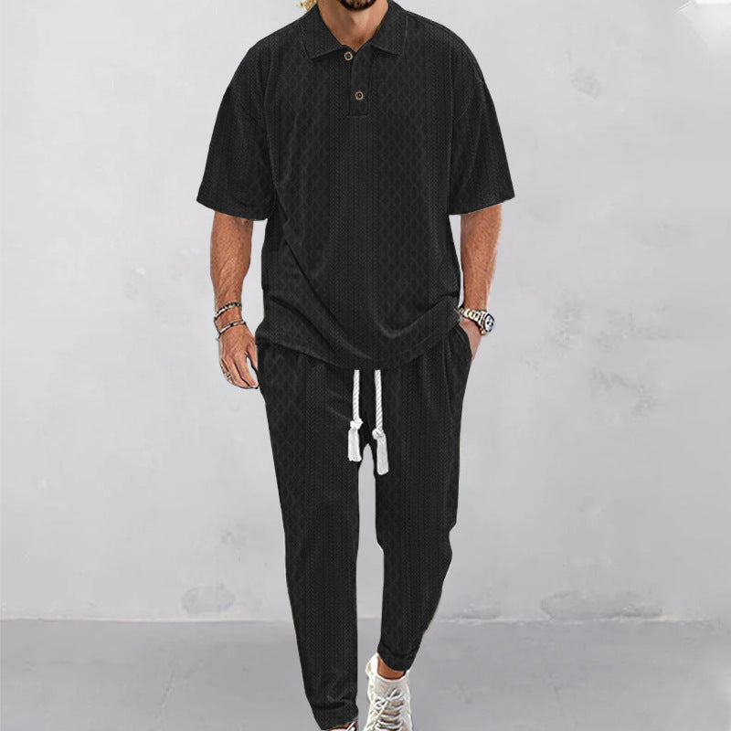 2025  Short-Sleeved Men's T-shirt Loose Leisure Suit Summer Simplicity Solid Color Jacquard Heavy T-shirt Trousers Suit
