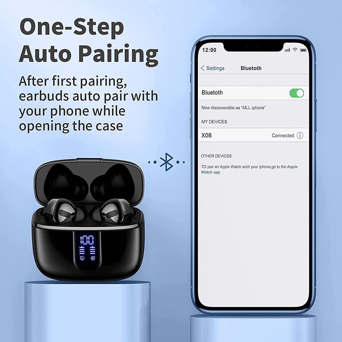 GMabcd X08 Bluetooth Headphones True Wireless Earbuds 60H Playback LED Power Display Earphones with Wireless Charging Case IPX5 Waterproof in-Ear Earbuds with Mic for TV Smart Phone Computer Laptop Sports