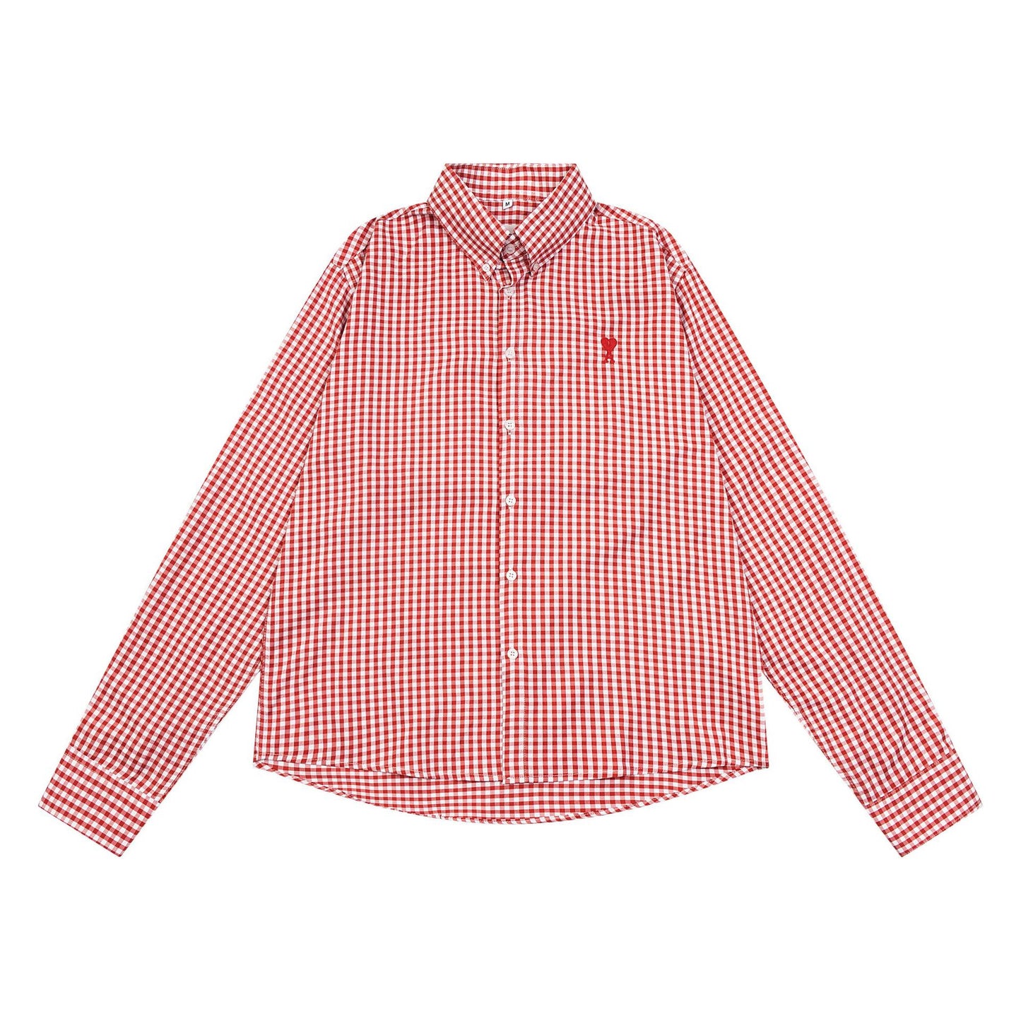 Trendy Brand Am* Small Heart Embroidered Shirt Casual Loose Fit Unisex Couple Style Amy Cotton Long Sleeve Top