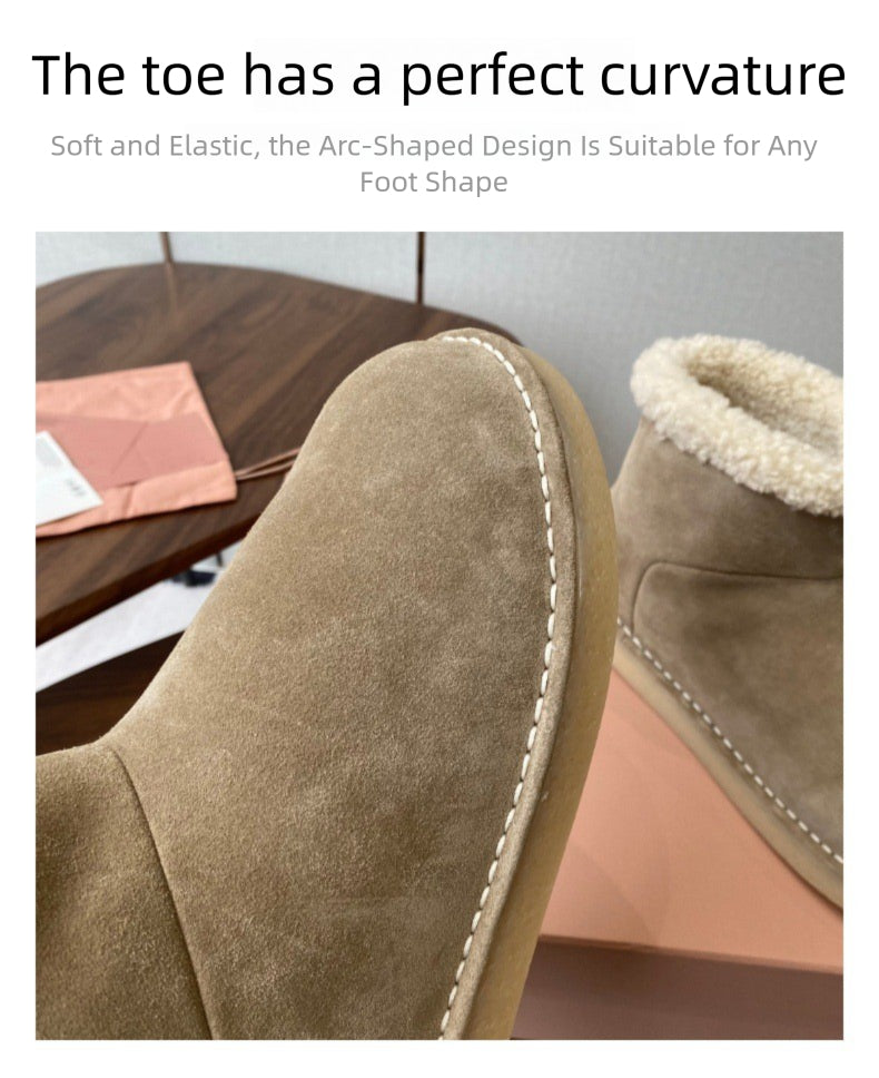 French Style Sheepskin Thick-Soled Snow Boots Round Toe Cow Suede Patchwork Warm Short Boots Versatile Flat Short Cotton Boots