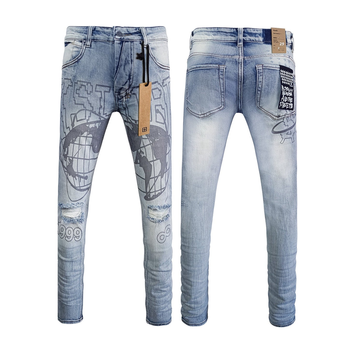 Gmabcd Men's KSB Jeans Straight Leg Ripped Stretch American High Street Casual Men's Jeans