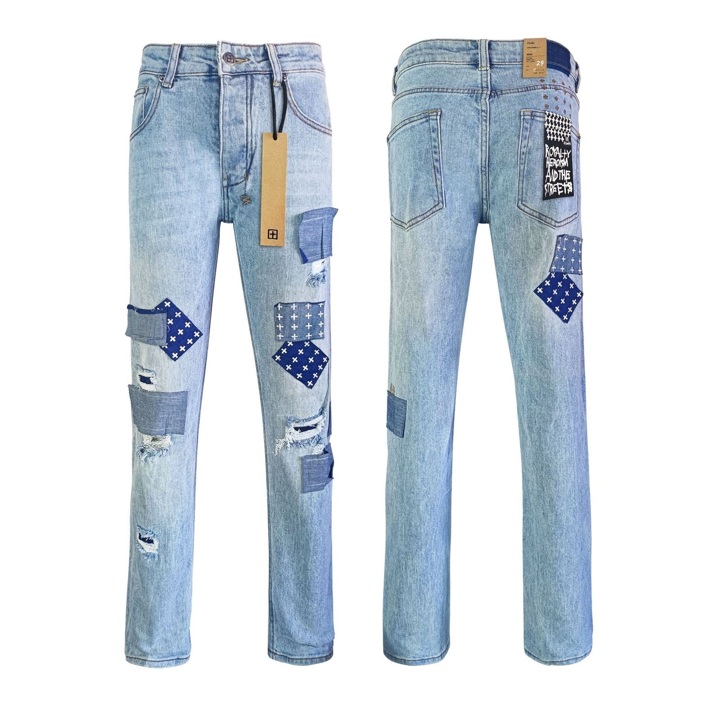 Gmabcd Men's KSB Jeans Straight Leg Ripped Stretch American High Street Casual Men's Jeans
