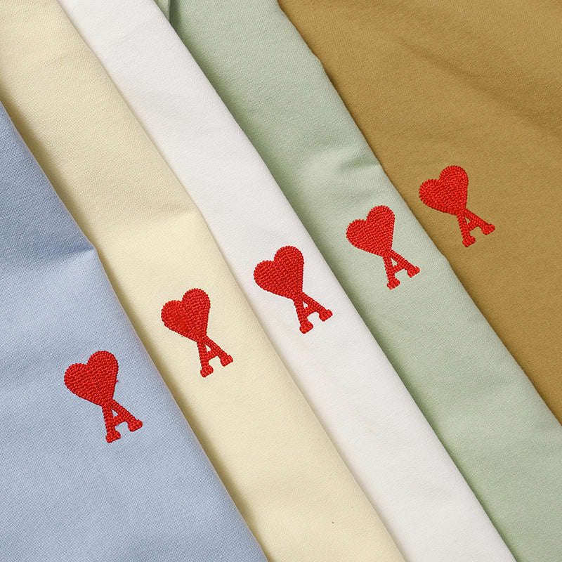 Trendy Brand Am* Small Heart Embroidered Shirt Casual Loose Fit Unisex Couple Style Amy Cotton Long Sleeve Top