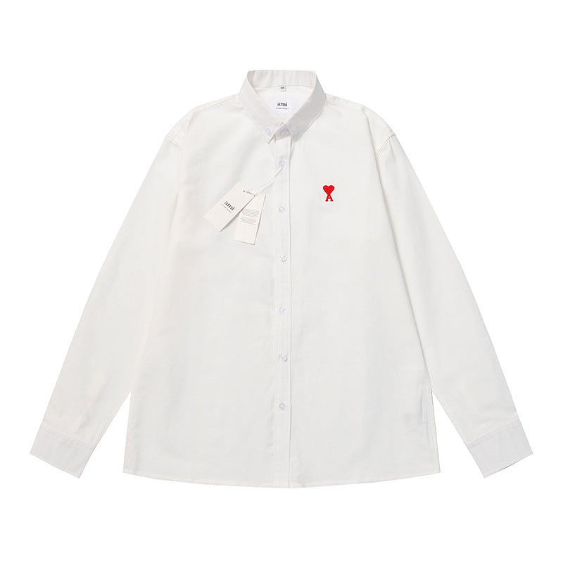 Trendy Brand Am* Small Heart Embroidered Shirt Casual Loose Fit Unisex Couple Style Amy Cotton Long Sleeve Top