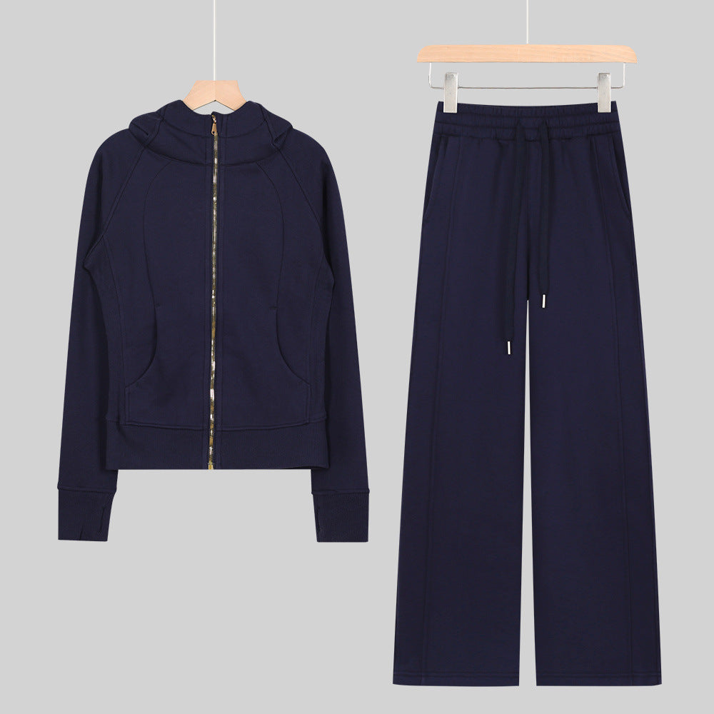 LULU Embroidered Hooded Zipper Cardigan Slim Fit Sweatshirt Set Fleece Lined Full Zipper Cardigan Jacket Gold Label