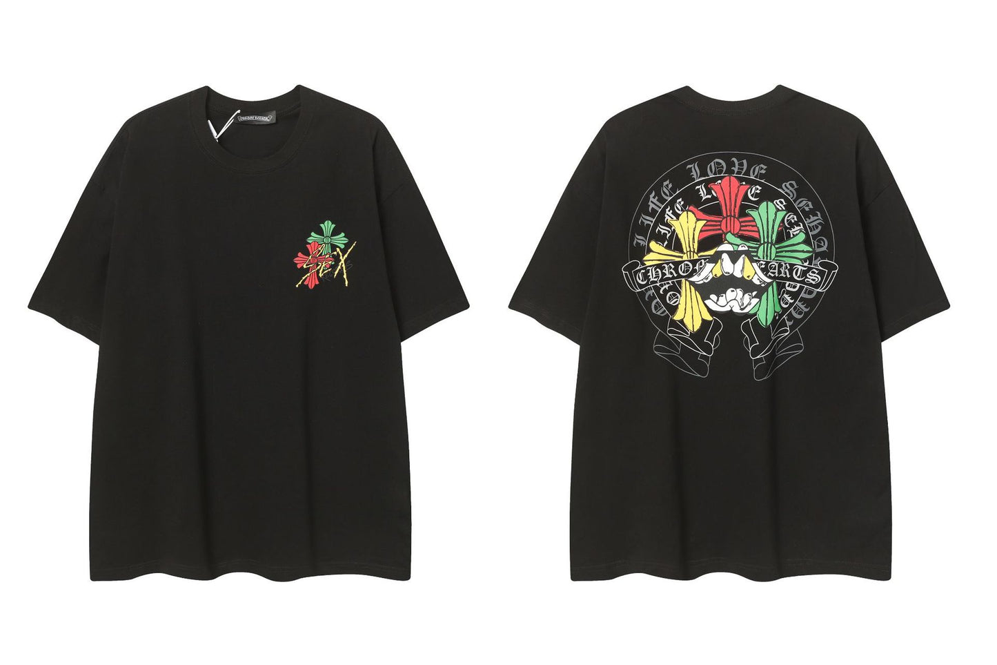 2025 New CHRM Heart Cross Sanskrit Patch Print Embroidery Loose Short Sleeve for Men and Women