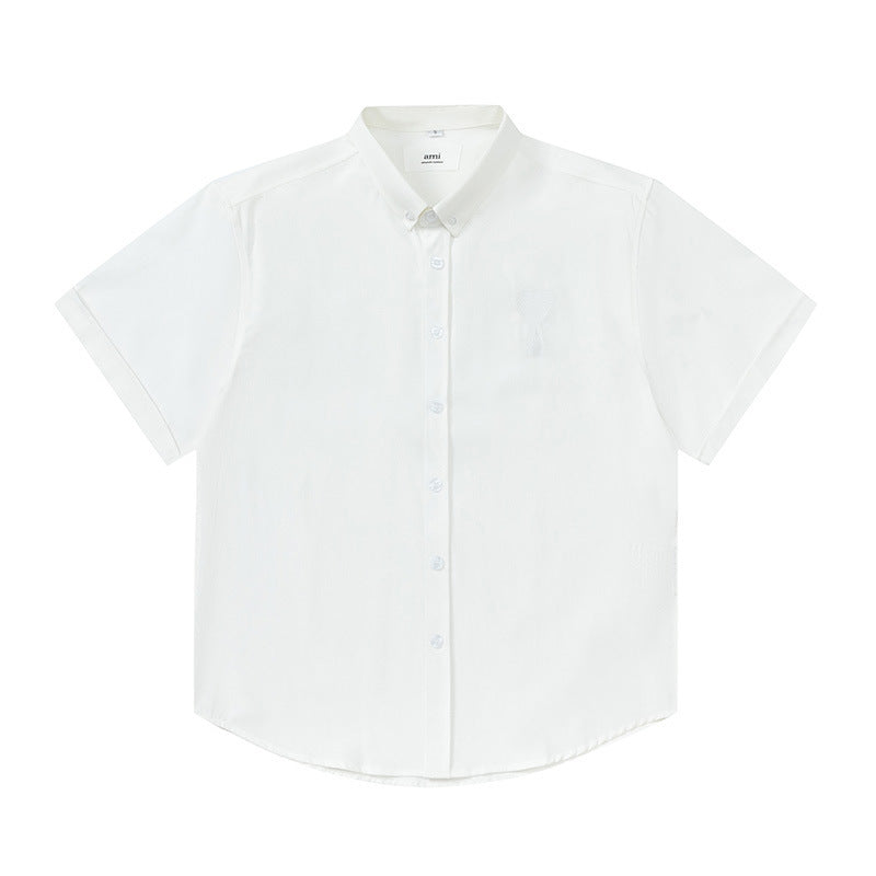 Trendy Brand Am* Small Heart Embroidered Shirt Casual Loose Fit Unisex Couple Style Amy Cotton Long Sleeve Top