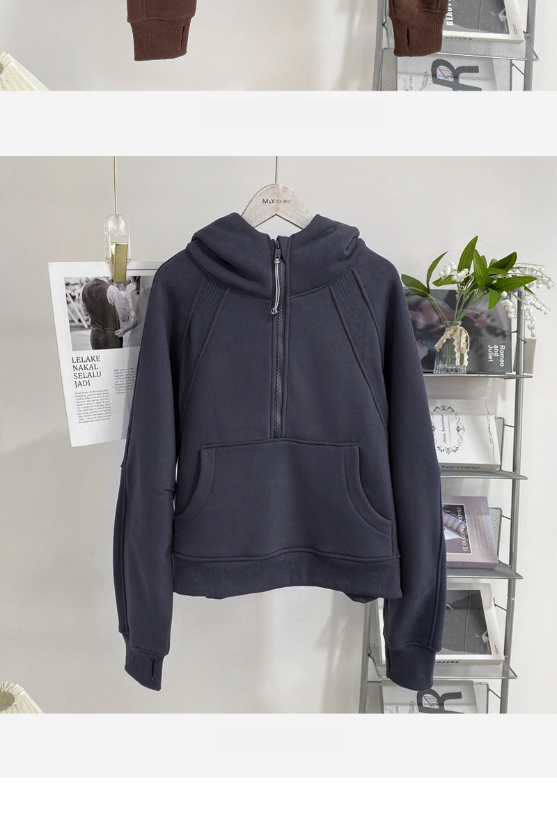 Lulu Same Style Winter Half-Zip Loose Hooded Sweatshirt for Women, Autumn and Winter Fleece-Lined Slim Fit Hoodie Jacket