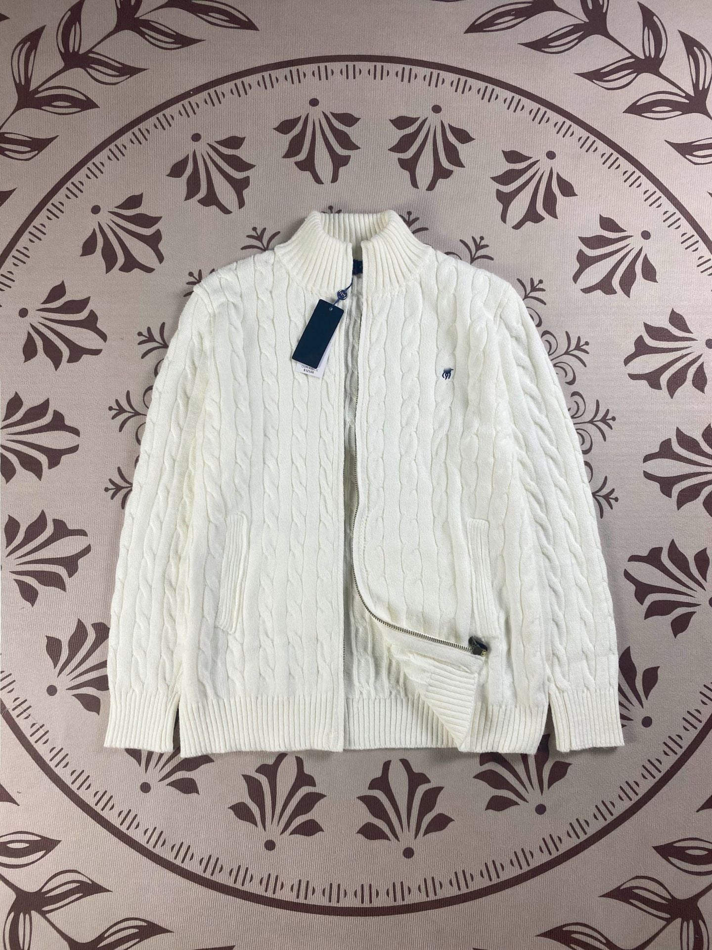 RL Raff Pony Label Autumn Winter Warm Cable Knit Zipper Sweater Cardigan Women Embroidered Cable Cardigan Men