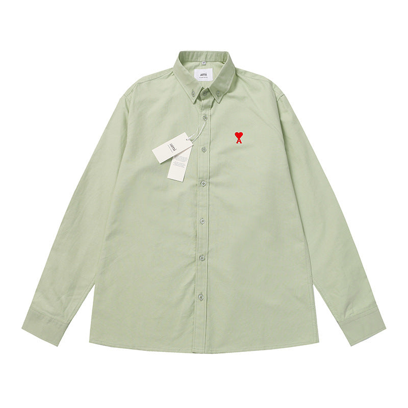 Trendy Brand Am* Small Heart Embroidered Shirt Casual Loose Fit Unisex Couple Style Amy Cotton Long Sleeve Top