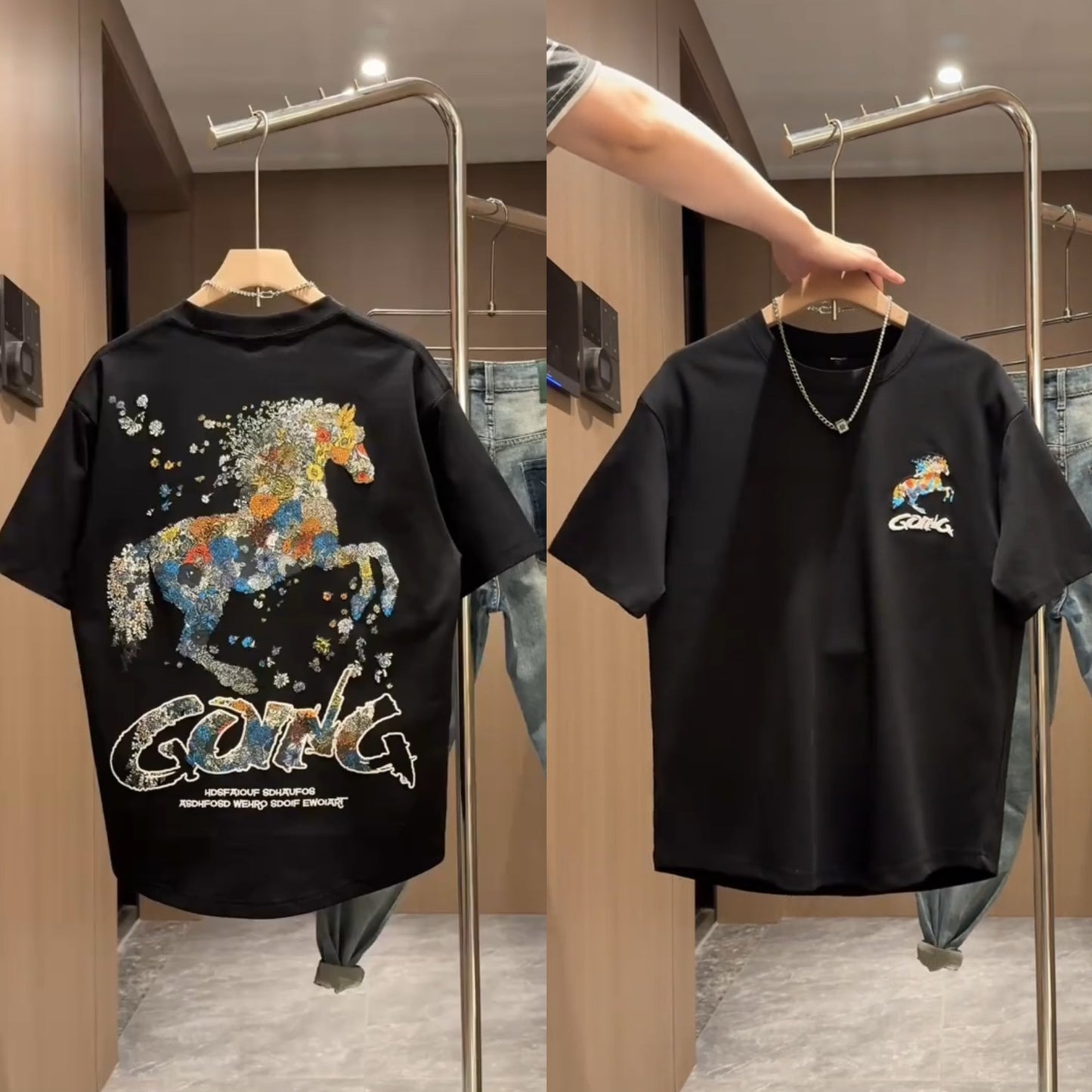 Summer New Foam Print Embroidered Round Neck Short Sleeve Men's Trendy Fashion Loose Versatile Cool Casual Half Sleeve