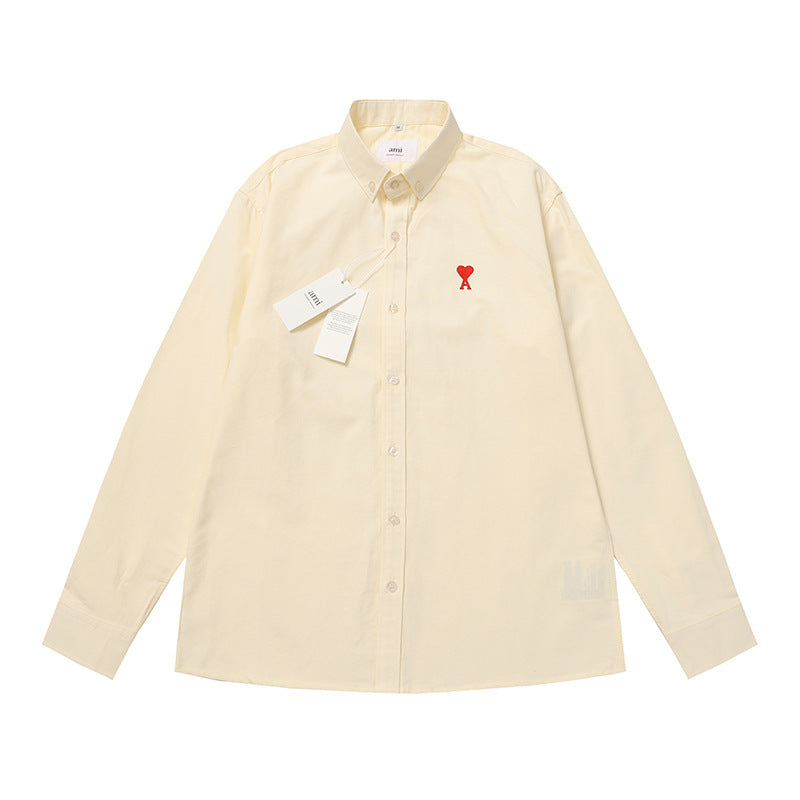 Trendy Brand Am* Small Heart Embroidered Shirt Casual Loose Fit Unisex Couple Style Amy Cotton Long Sleeve Top
