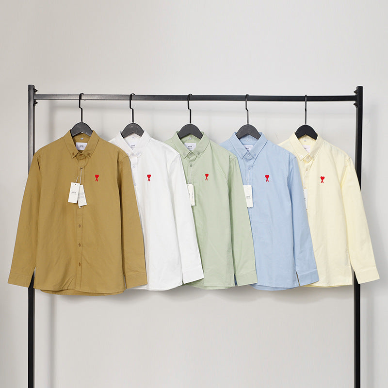 Trendy Brand Am* Small Heart Embroidered Shirt Casual Loose Fit Unisex Couple Style Amy Cotton Long Sleeve Top