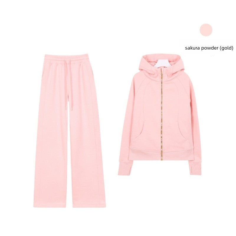 LULU Embroidered Hooded Zipper Cardigan Slim Fit Sweatshirt Set Fleece Lined Full Zipper Cardigan Jacket Gold Label