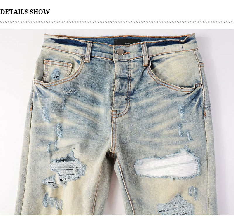 Men's light blue ripped patches jeans with distressed slim fit and skinny style