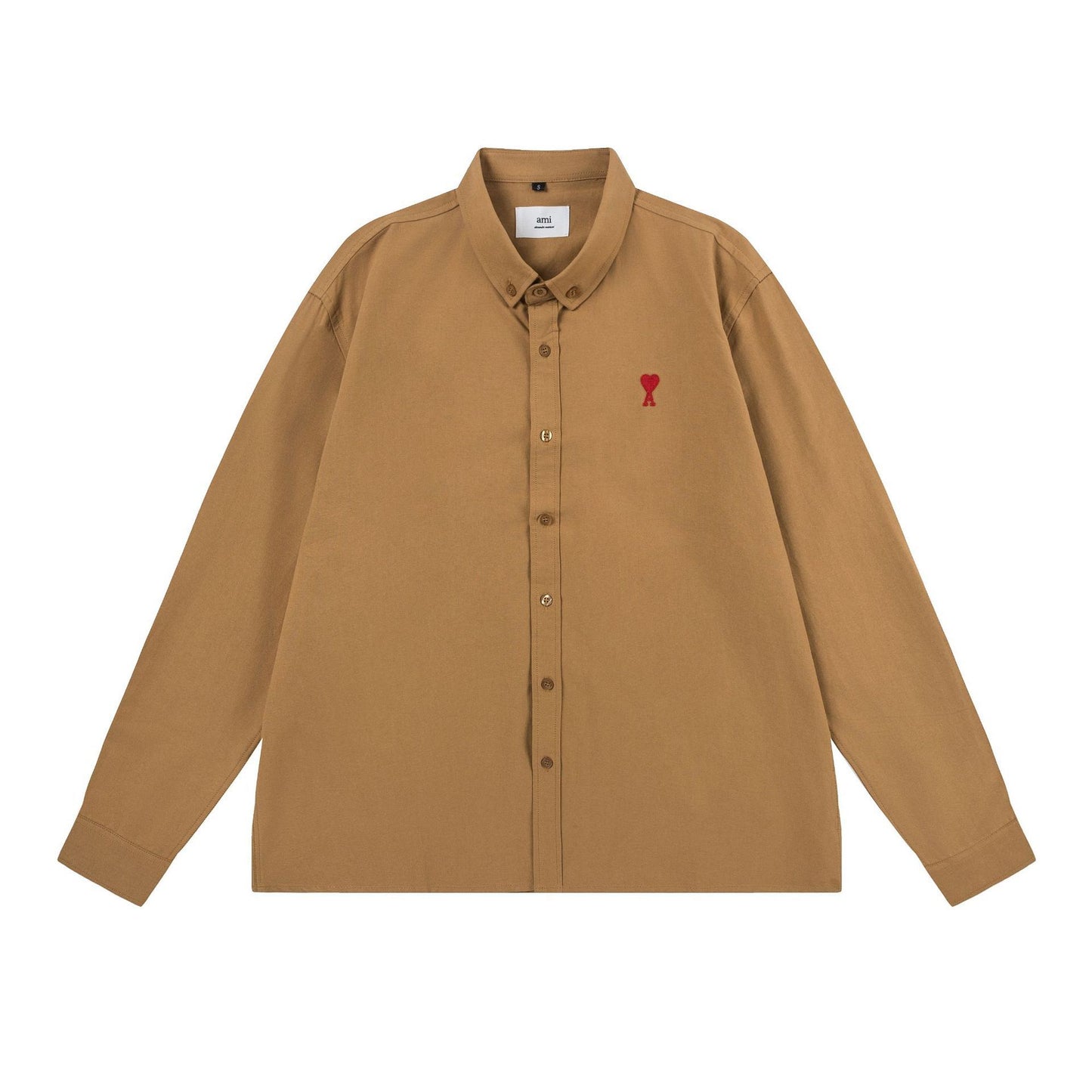 Trendy Brand Am* Small Heart Embroidered Shirt Casual Loose Fit Unisex Couple Style Amy Cotton Long Sleeve Top