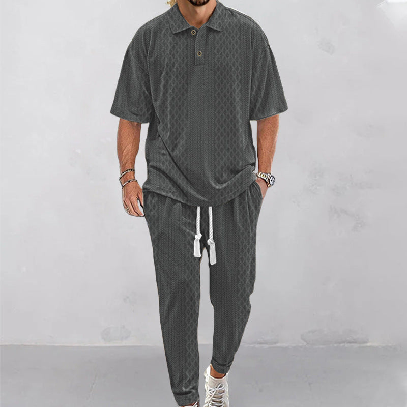 2025  Short-Sleeved Men's T-shirt Loose Leisure Suit Summer Simplicity Solid Color Jacquard Heavy T-shirt Trousers Suit