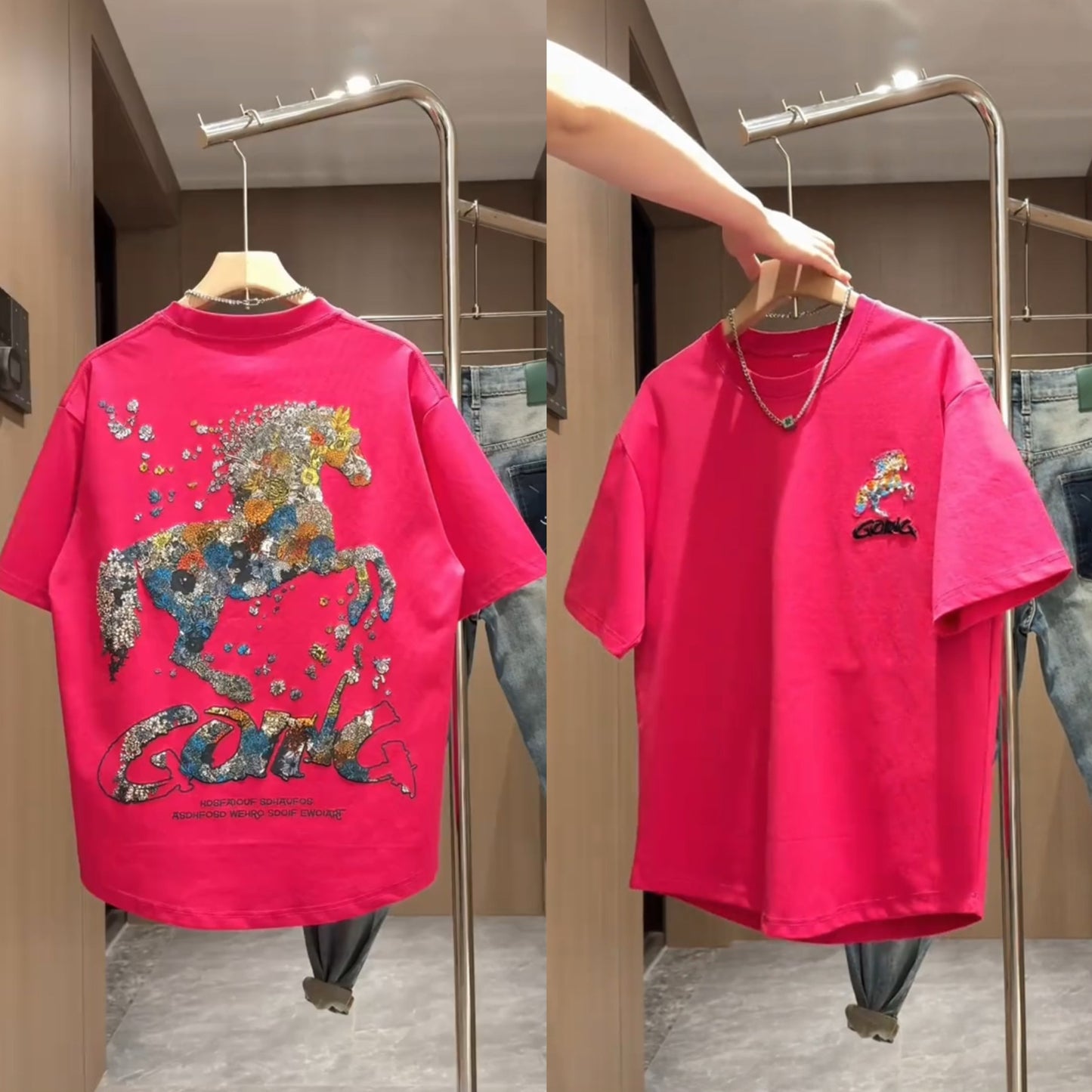 Summer New Foam Print Embroidered Round Neck Short Sleeve Men's Trendy Fashion Loose Versatile Cool Casual Half Sleeve
