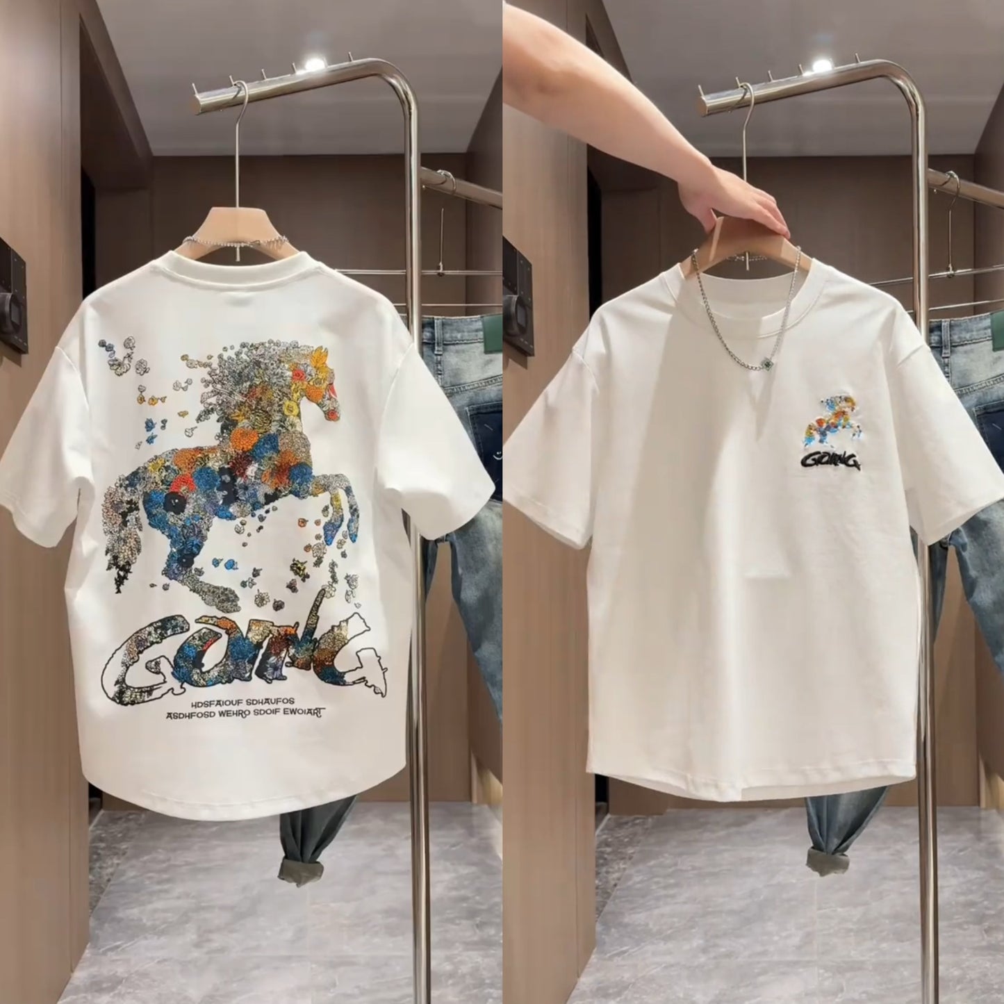 Summer New Foam Print Embroidered Round Neck Short Sleeve Men's Trendy Fashion Loose Versatile Cool Casual Half Sleeve