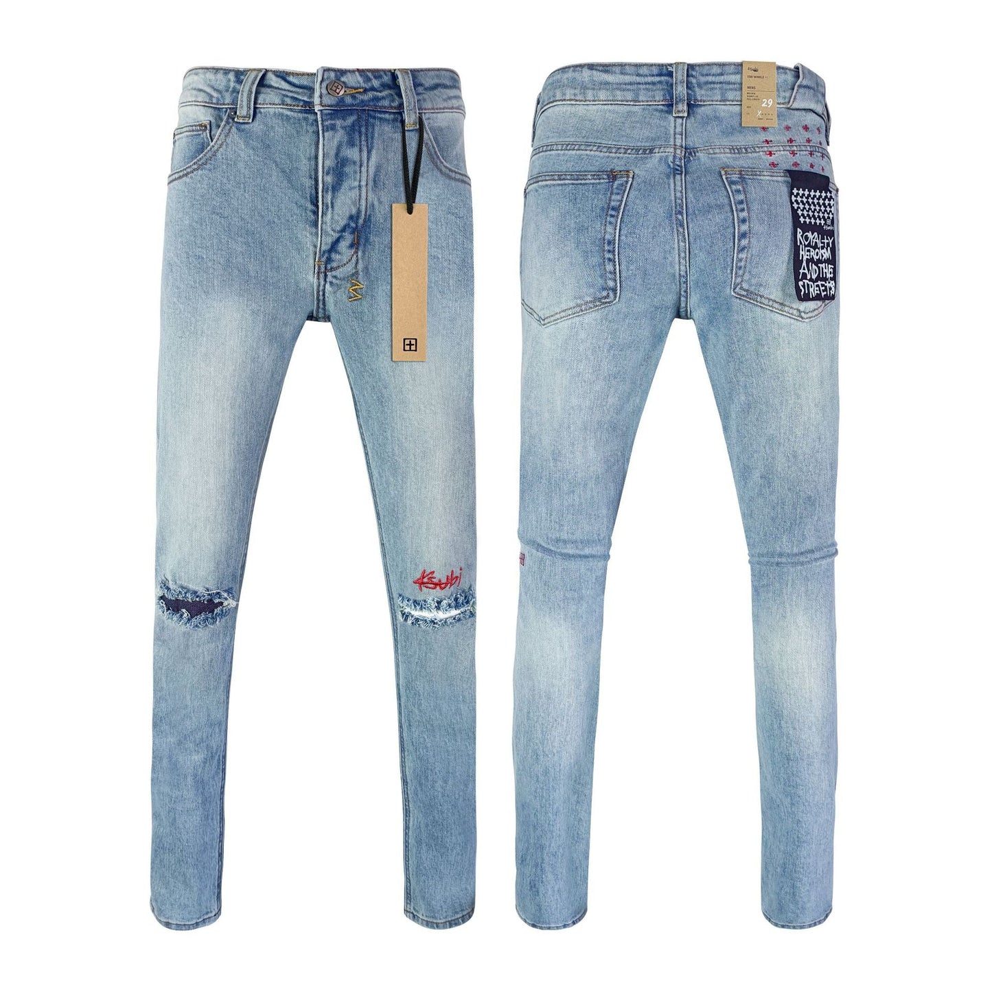Gmabcd Men's KSB Jeans Straight Leg Ripped Stretch American High Street Casual Men's Jeans