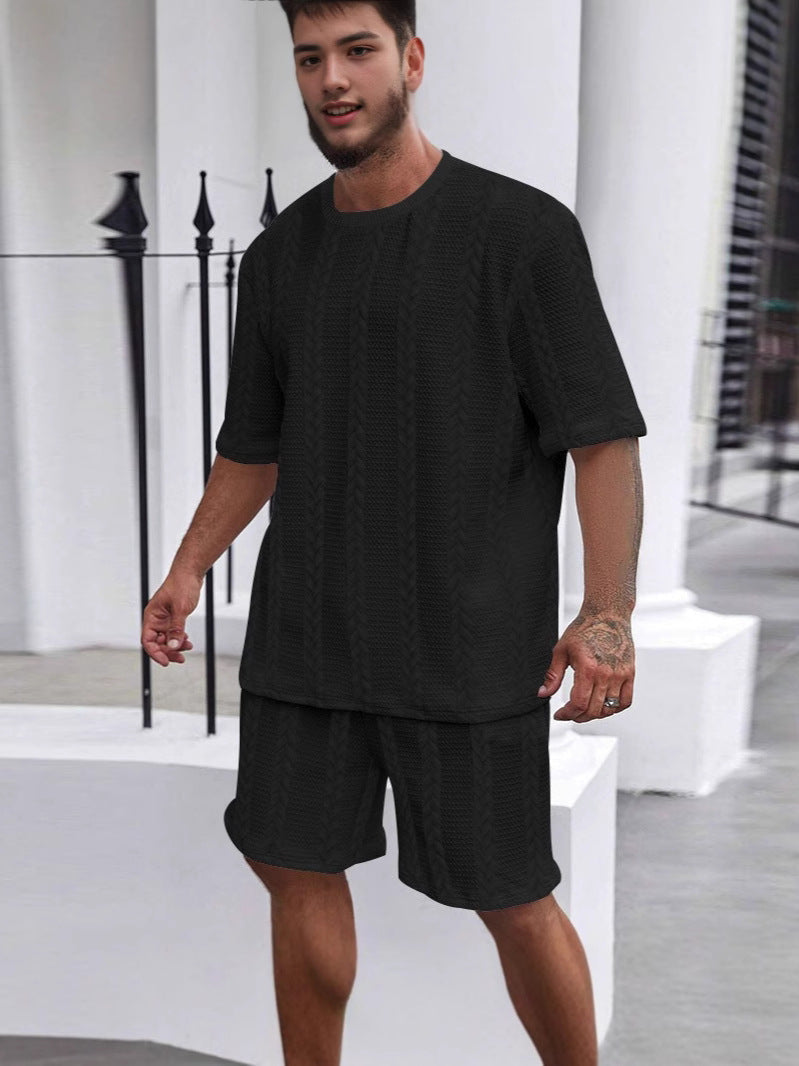 New Knitted Solid Color Jacquard Men's Summer Suit Casual Round Neck Pullover T-shirt Sports Men's Suit