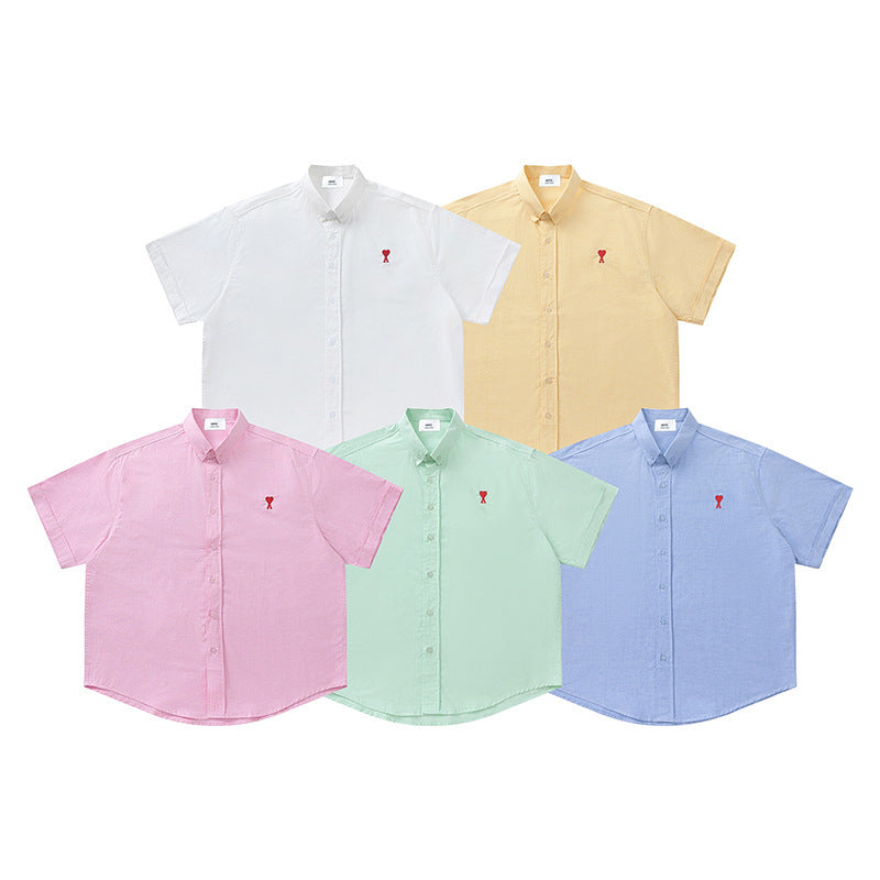 Trendy Brand Am* Small Heart Embroidered Shirt Casual Loose Fit Unisex Couple Style Amy Cotton Long Sleeve Top