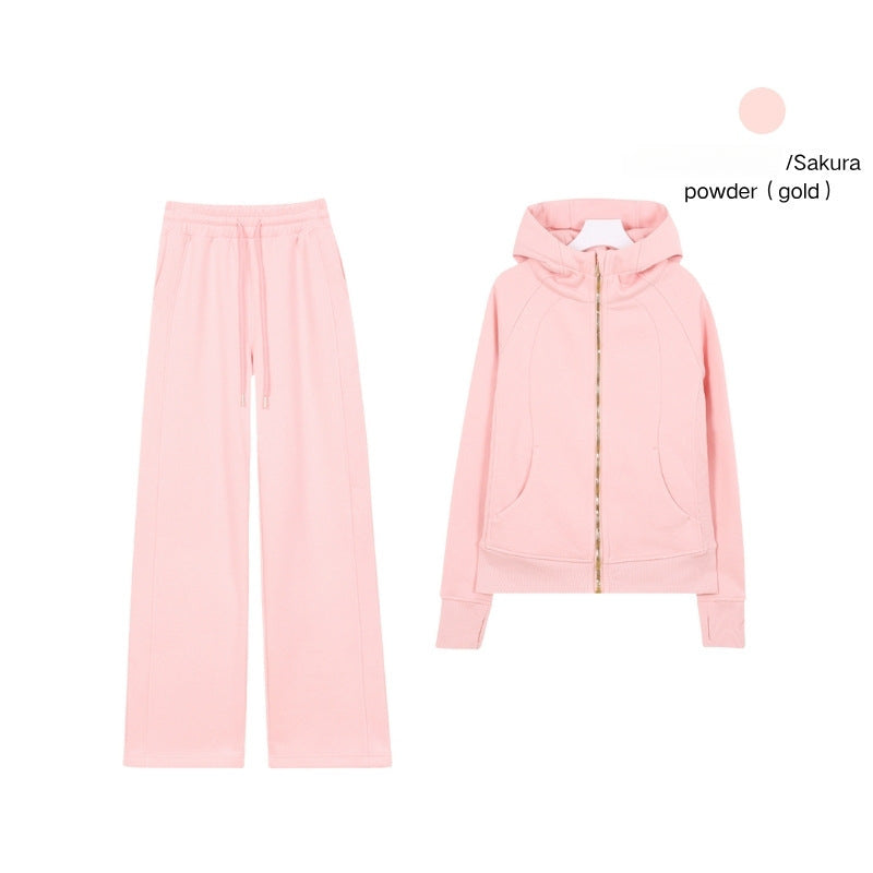 LULU Embroidered Hooded Zipper Cardigan Slim Fit Sweatshirt Set Fleece Lined Full Zipper Cardigan Jacket Gold Label