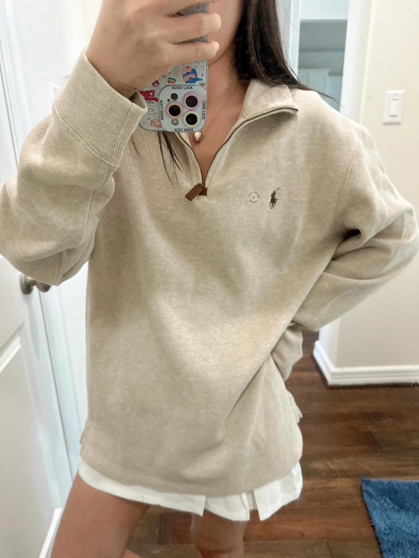 RL Ralph Pony Label Retro Couple Sweatshirt Women Long Sleeve Sweatshirt Men Polo Half Zipper Turn-down Collar Loose American Style