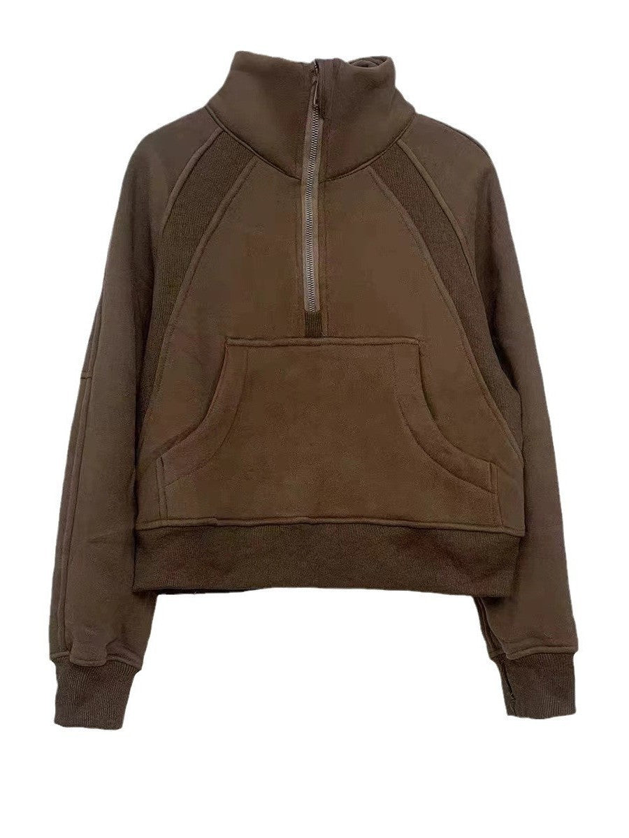 Lulu Same Style Winter Half-Zip Loose Hooded Sweatshirt for Women, Autumn and Winter Fleece-Lined Slim Fit Hoodie Jacket