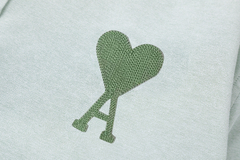 Trendy Brand Am* Small Heart Embroidered Shirt Casual Loose Fit Unisex Couple Style Amy Cotton Long Sleeve Top