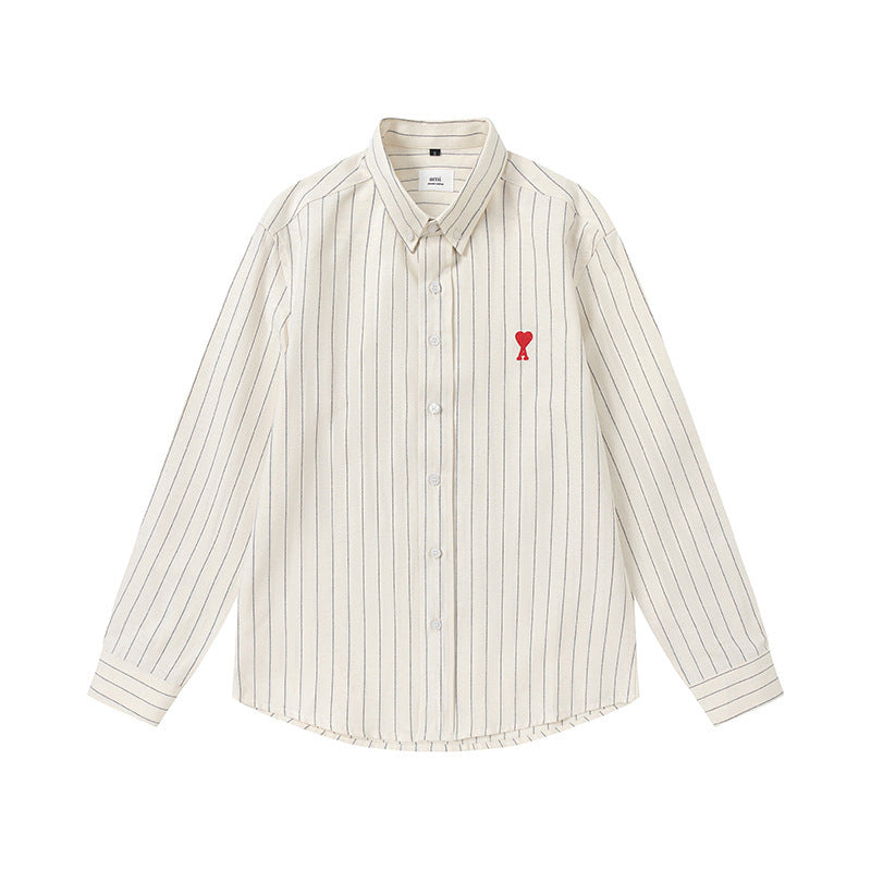 Trendy Brand Am* Small Heart Embroidered Shirt Casual Loose Fit Unisex Couple Style Amy Cotton Long Sleeve Top