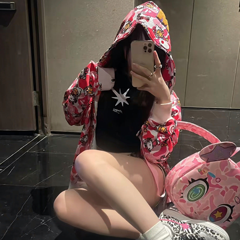 Men's Sweatshirt Shark Cartoon Camouflage Hello Kitty Casual Loose Hooded Top Women's Jacket