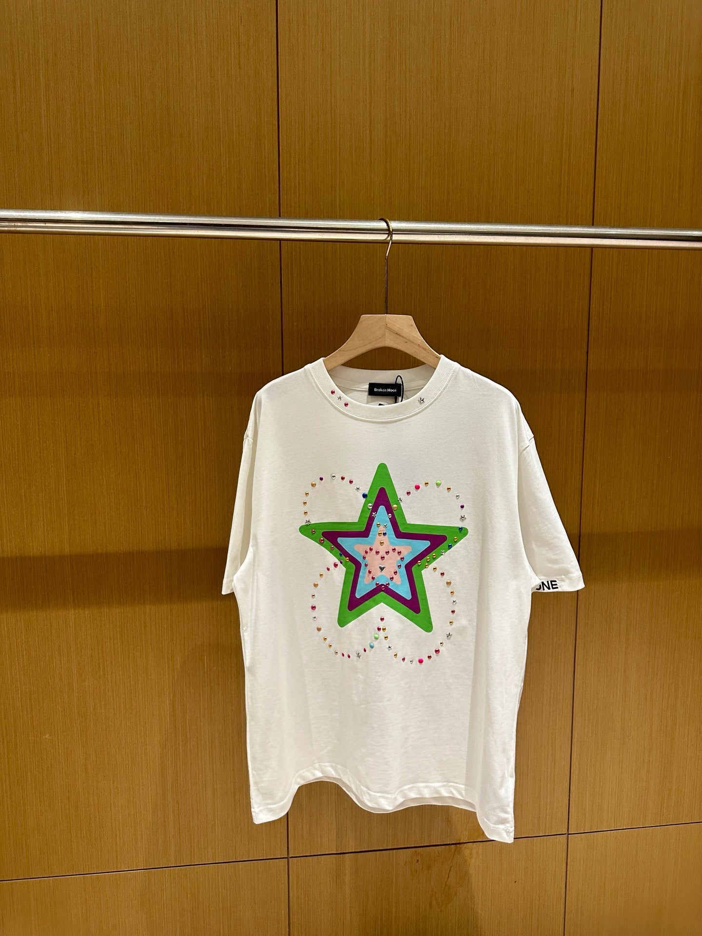 Teddy bear-shaped colorful star rhinestone letter round neck loose short sleeve T-shirt for men and women