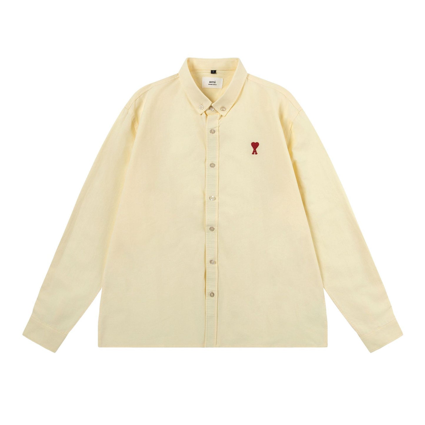 Trendy Brand Am* Small Heart Embroidered Shirt Casual Loose Fit Unisex Couple Style Amy Cotton Long Sleeve Top