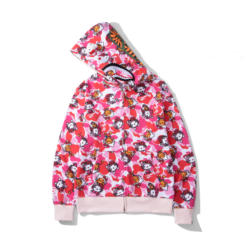 Men's Sweatshirt Shark Cartoon Camouflage Hello Kitty Casual Loose Hooded Top Women's Jacket