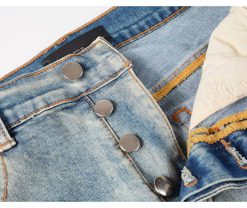 Men's light blue ripped patches jeans slim fit with distressed patches