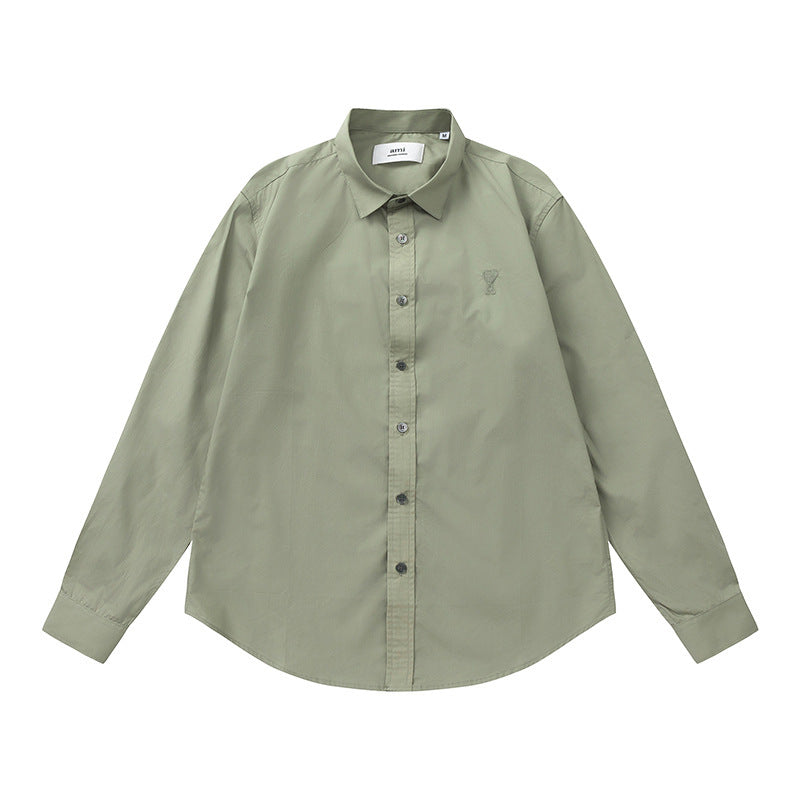 Trendy Brand Am* Small Heart Embroidered Shirt Casual Loose Fit Unisex Couple Style Amy Cotton Long Sleeve Top