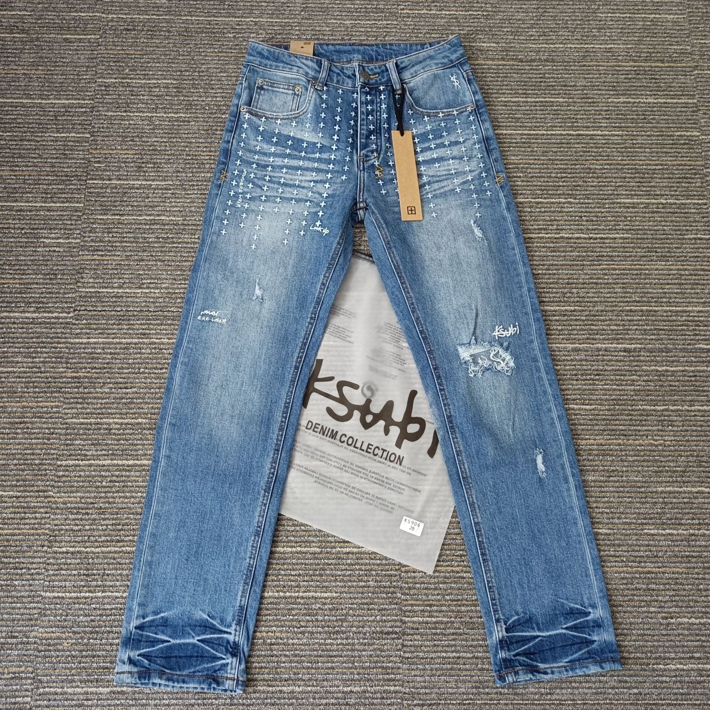 Gmabcd Men's KSB Jeans Straight Leg Ripped Stretch American High Street Casual Men's Jeans