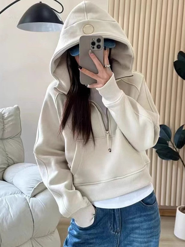 Lulu Same Style Winter Half-Zip Loose Hooded Sweatshirt for Women, Autumn and Winter Fleece-Lined Slim Fit Hoodie Jacket