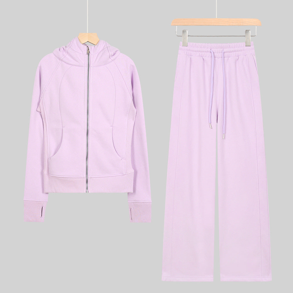 LULU Embroidered Hooded Zipper Cardigan Slim Fit Sweatshirt Set Fleece Lined Full Zipper Cardigan Jacket Gold Label