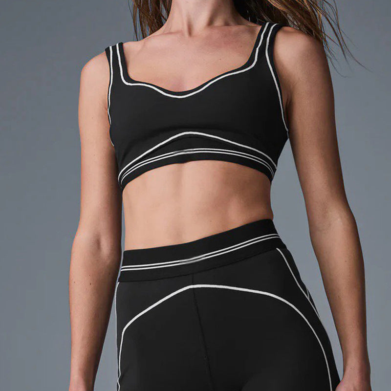 High-Intensity Gathered Bare Sensation Sports Fitness Bra Color-Block Peach Hip High-Waist Yoga Pants Two-Piece Set